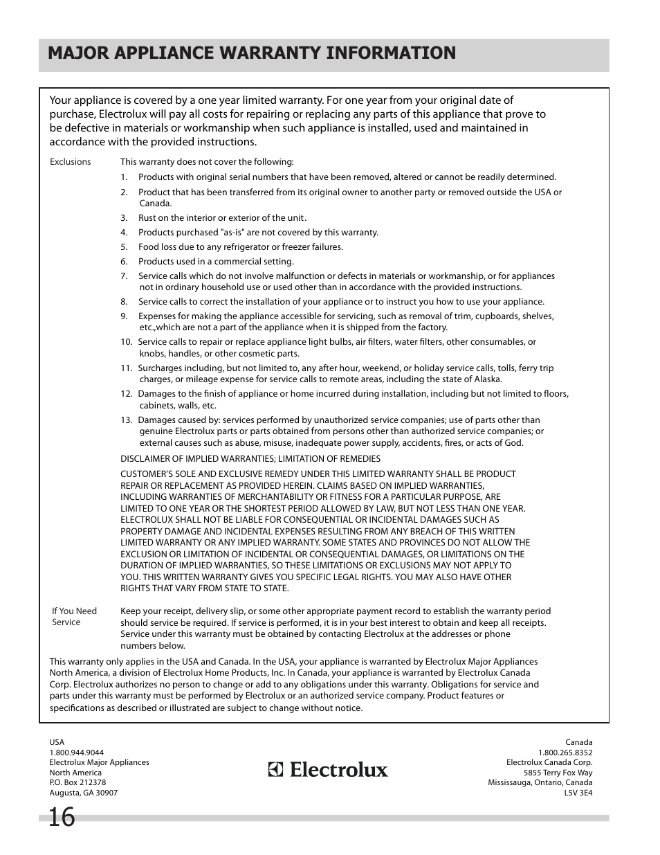 Major appliance warranty information | FRIGIDAIRE 137181900A User Manual | Page 16 / 18