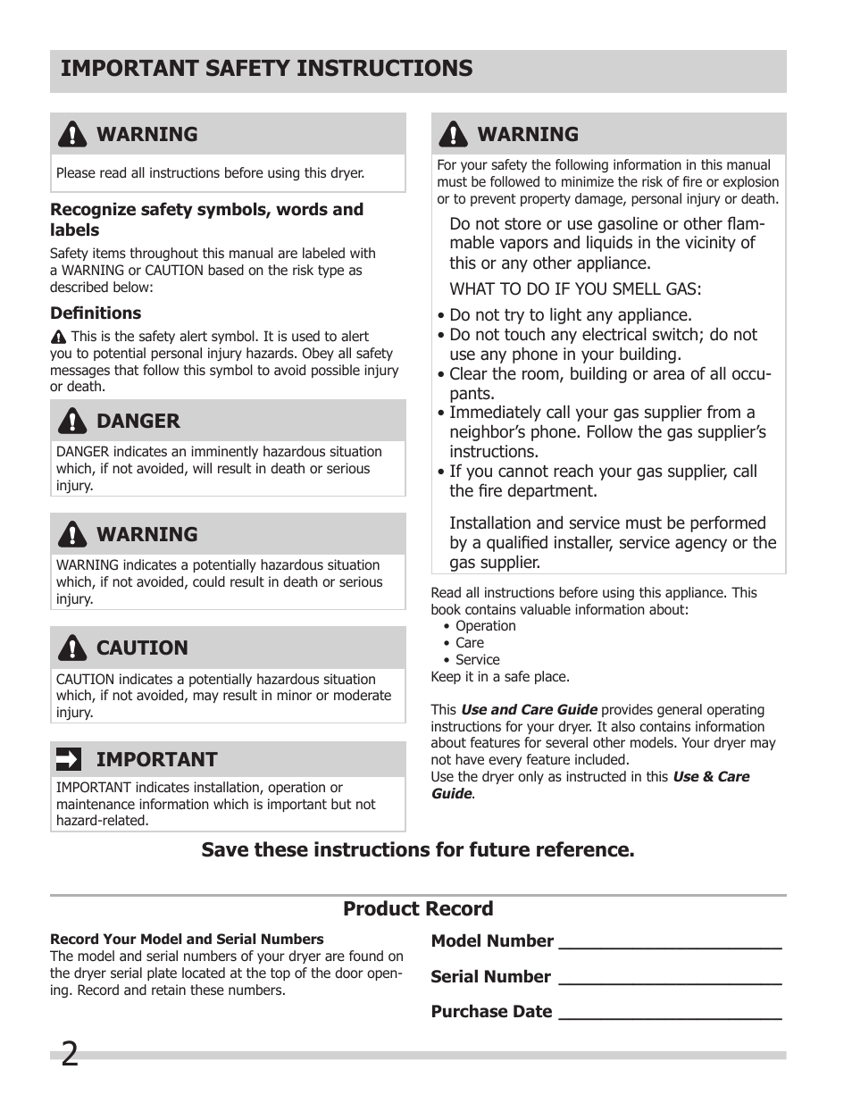 Important safety instructions, Warning, Important | Danger, Caution | FRIGIDAIRE 137181900A User Manual | Page 2 / 18