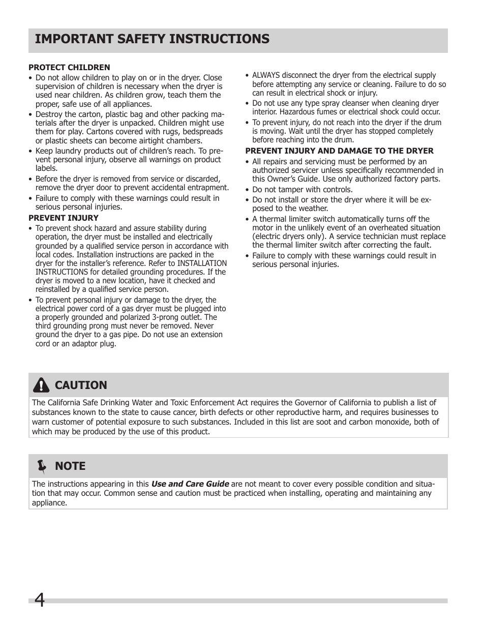 Important safety instructions, Caution | FRIGIDAIRE 137181900A User Manual | Page 4 / 18