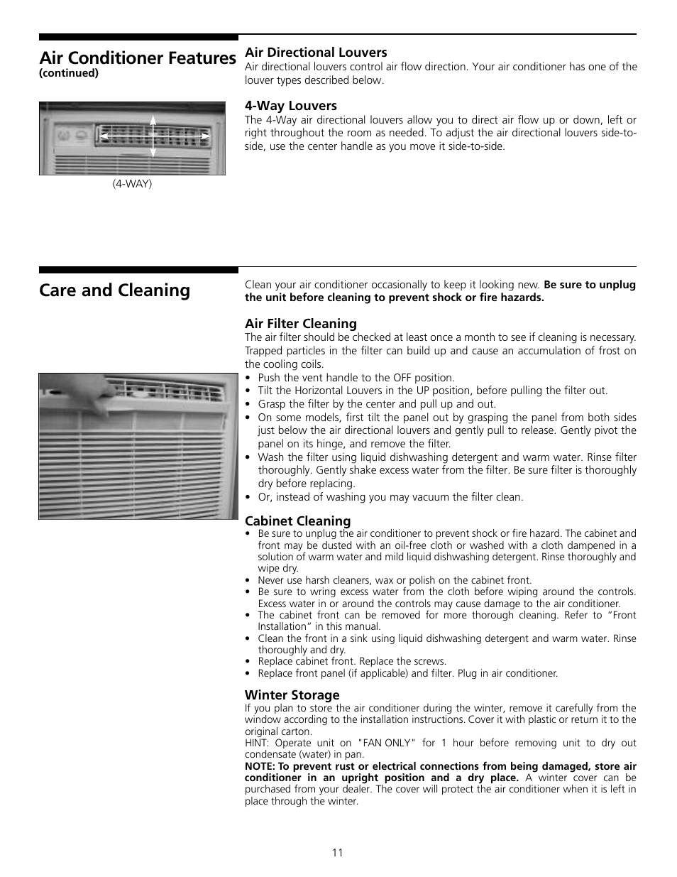 Care and cleaning, Air conditioner feature s | FRIGIDAIRE 309000834 User Manual | Page 11 / 12