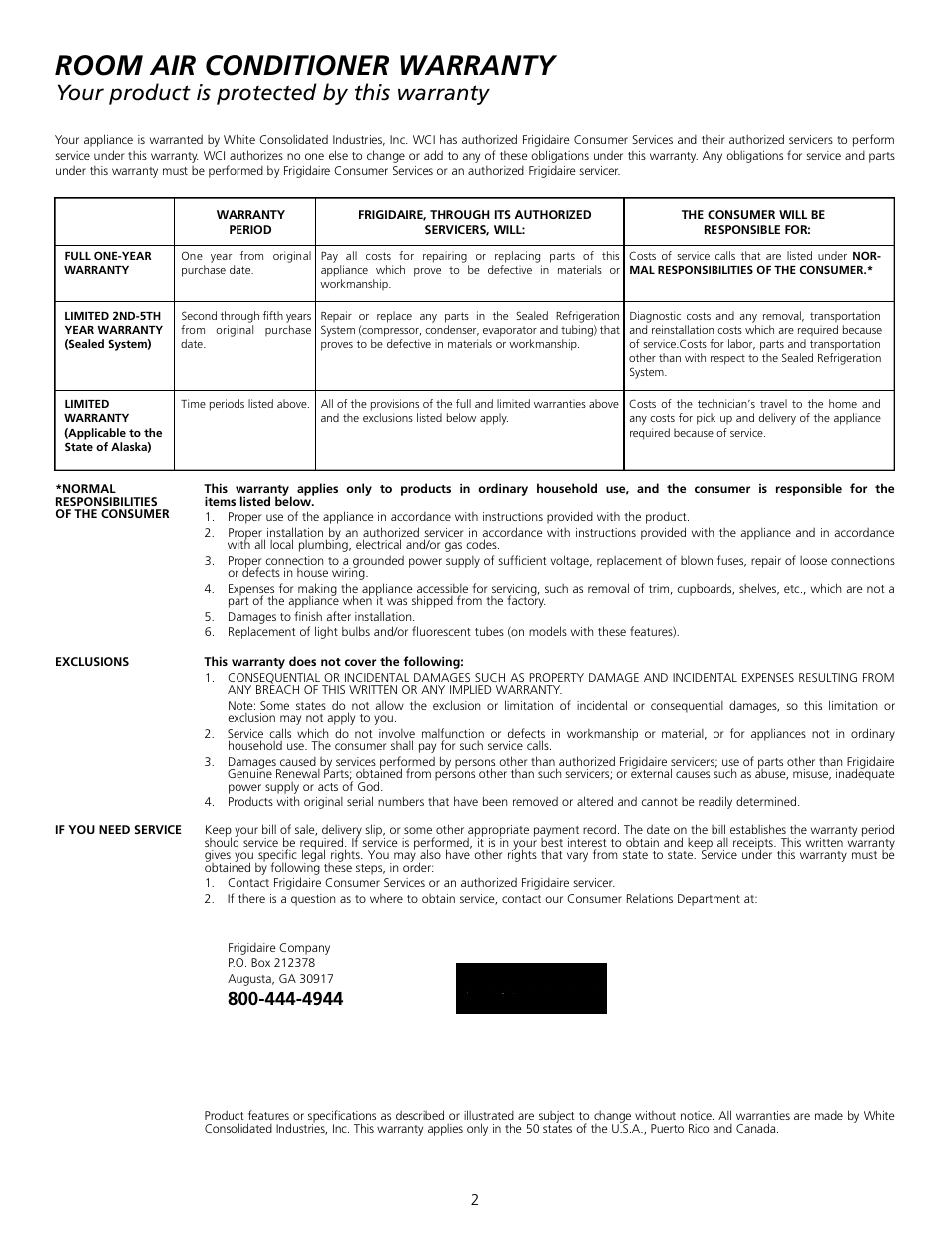 Room air conditioner warranty, Your product is protected by this warranty | FRIGIDAIRE 309000834 User Manual | Page 2 / 12