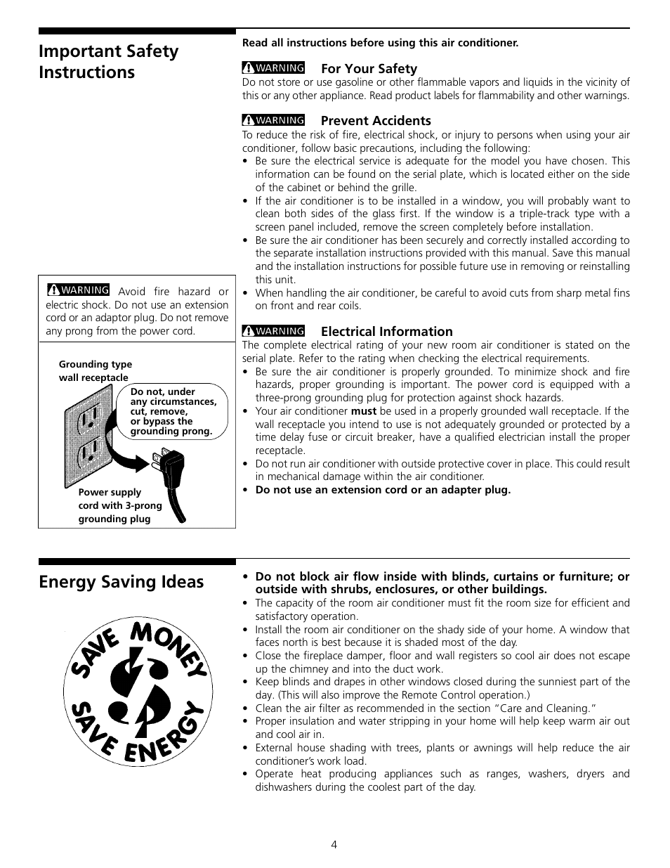 Energy saving ideas, Important safety instructions | FRIGIDAIRE 309000834 User Manual | Page 4 / 12