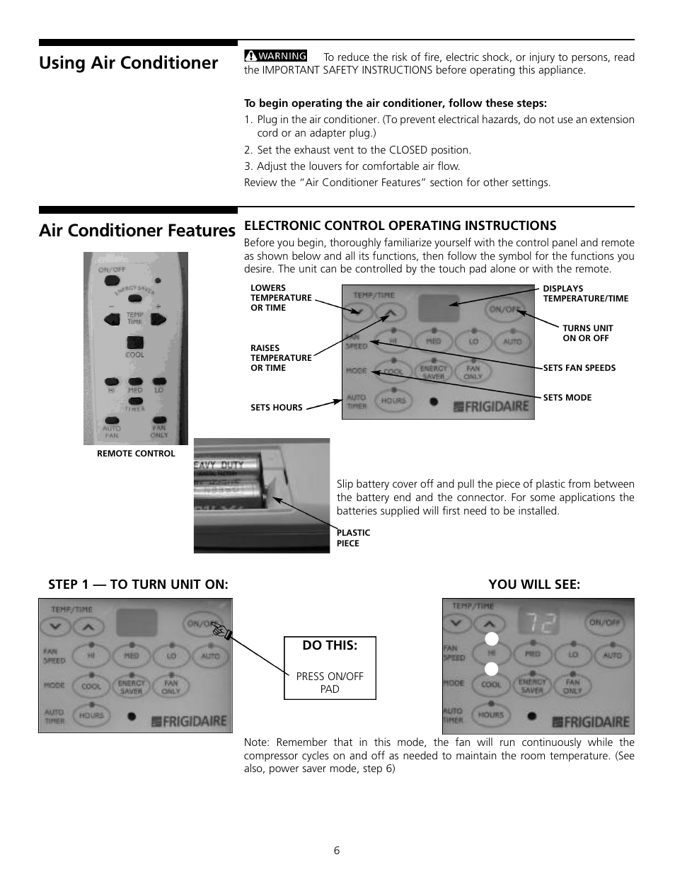 Using air conditioner, Air conditioner feature s | FRIGIDAIRE 309000834 User Manual | Page 6 / 12