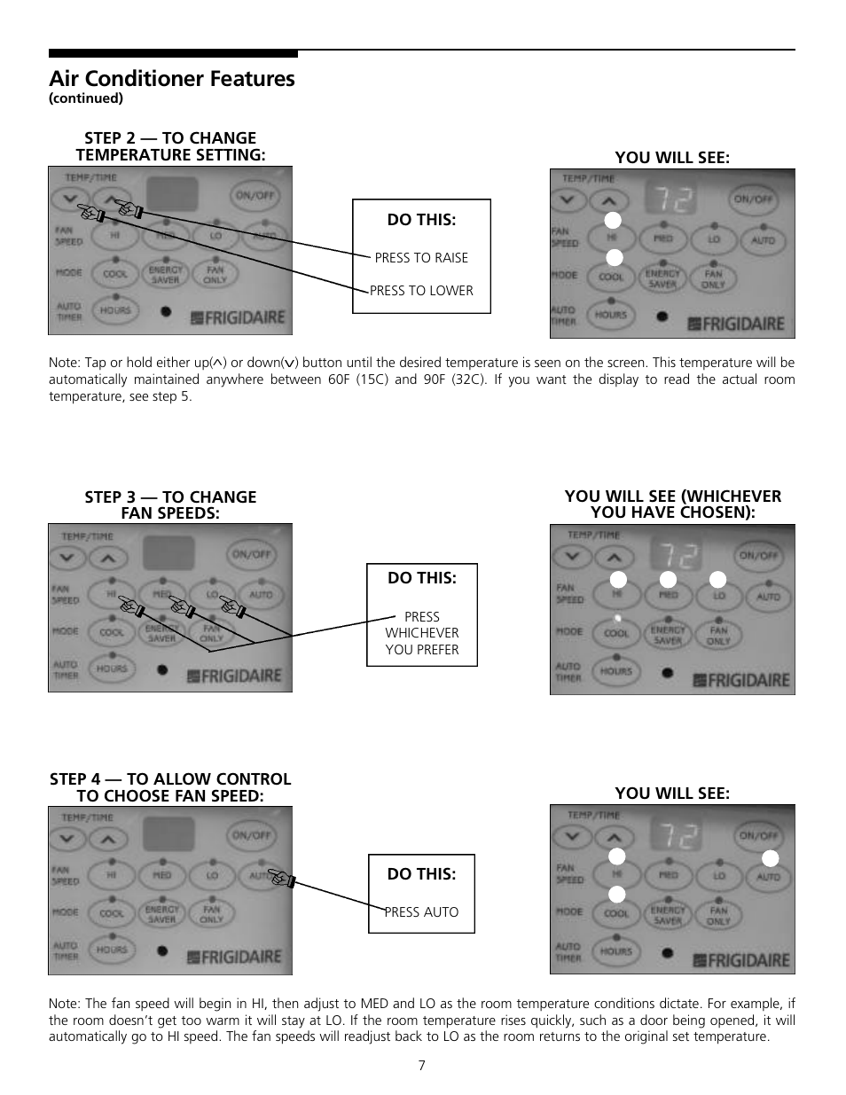 Air conditioner feature s | FRIGIDAIRE 309000834 User Manual | Page 7 / 12