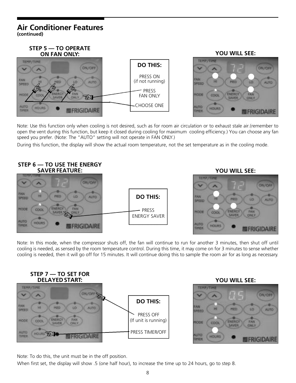 Air conditioner feature s | FRIGIDAIRE 309000834 User Manual | Page 8 / 12