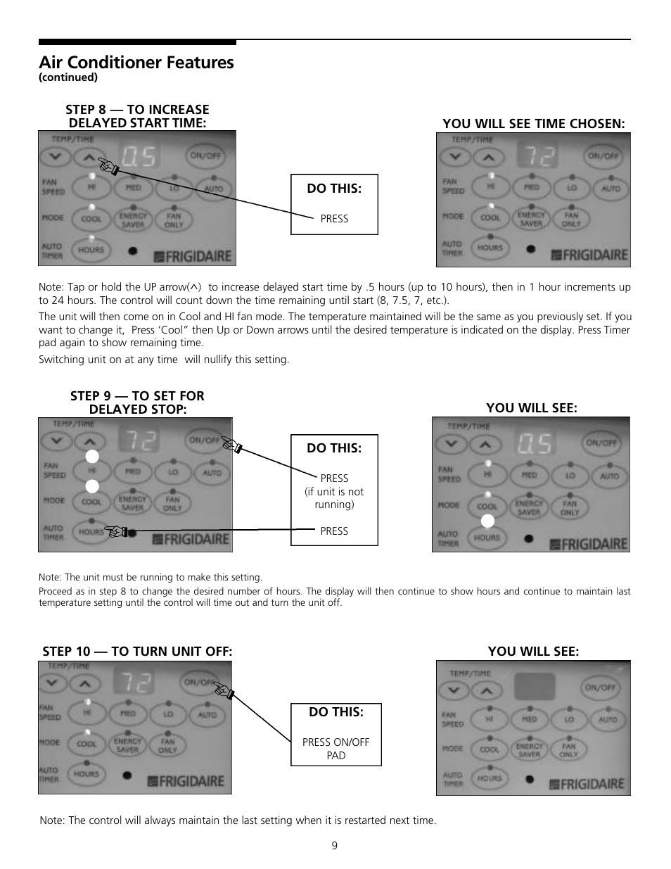 Air conditioner feature s | FRIGIDAIRE 309000834 User Manual | Page 9 / 12