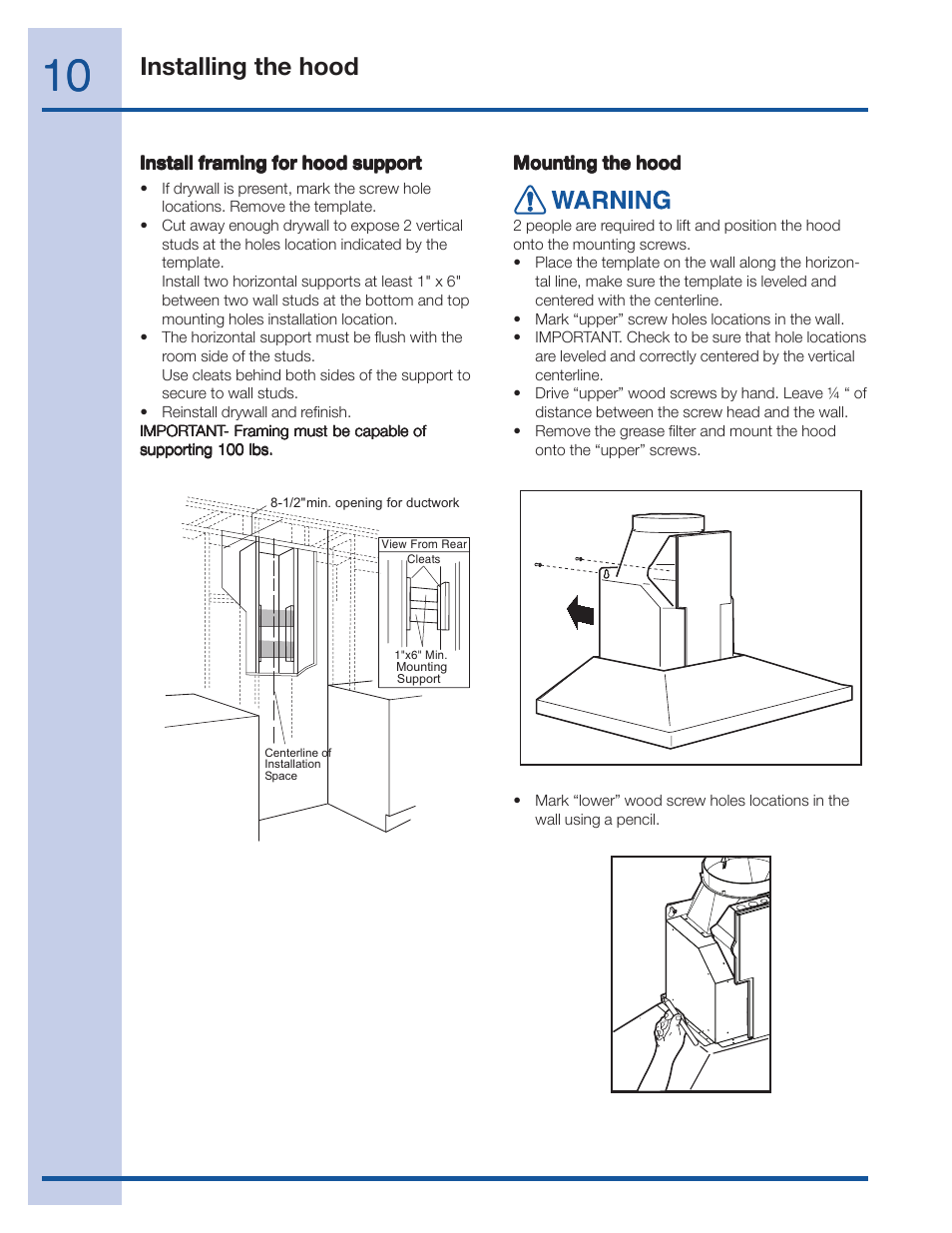 Installing the hood | FRIGIDAIRE 316488524 User Manual | Page 10 / 20