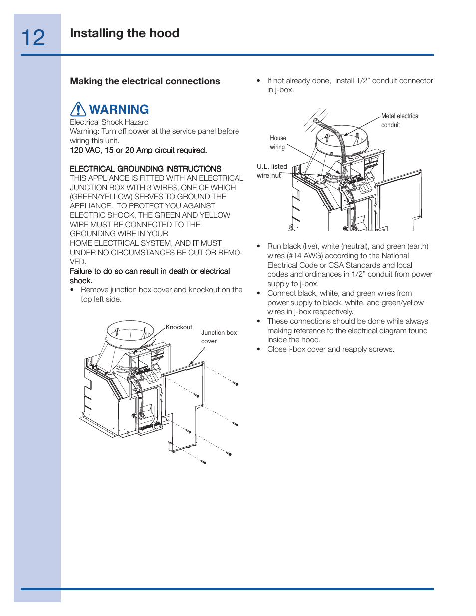 Installing the hood | FRIGIDAIRE 316488524 User Manual | Page 12 / 20