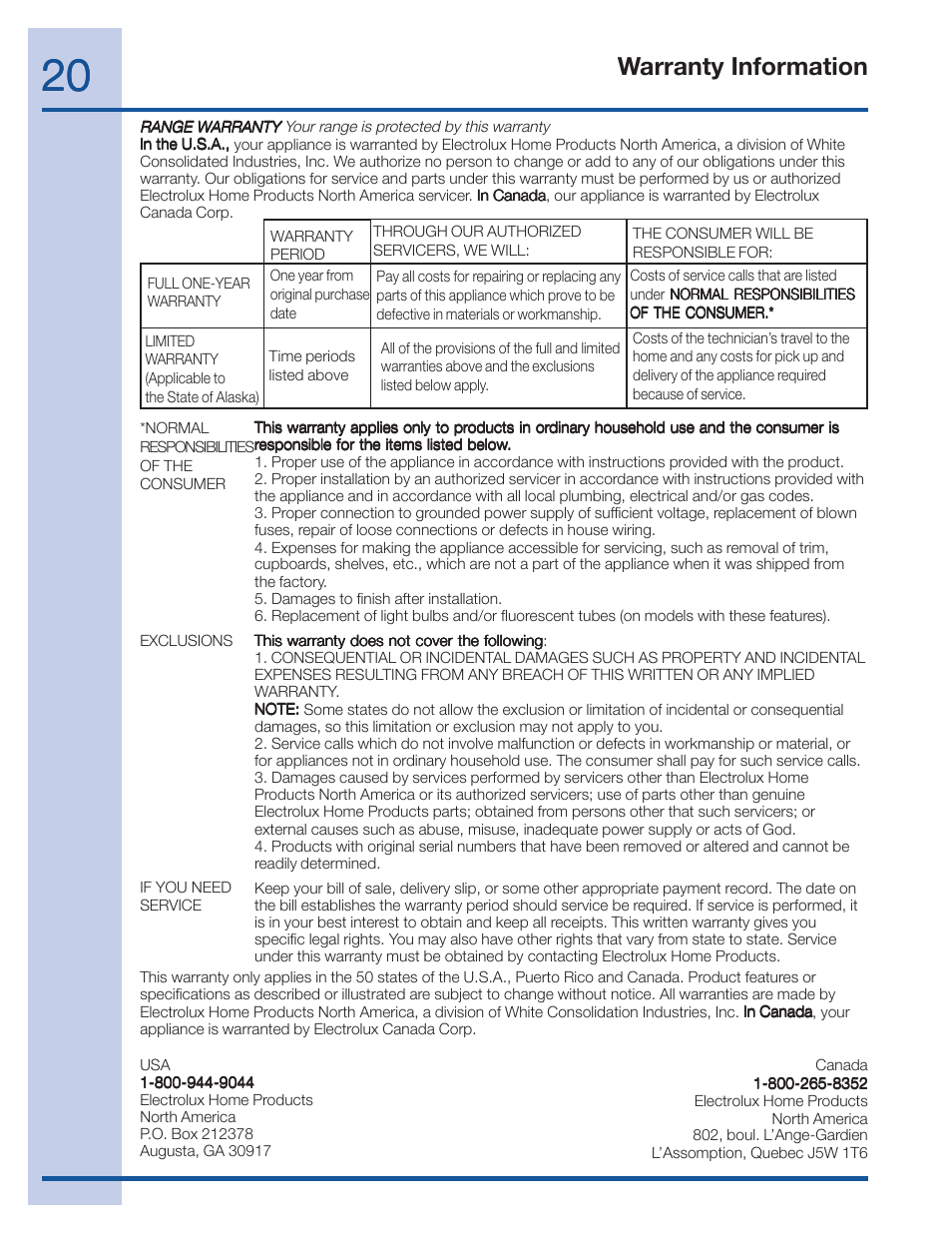 Warranty information | FRIGIDAIRE 316488524 User Manual | Page 20 / 20