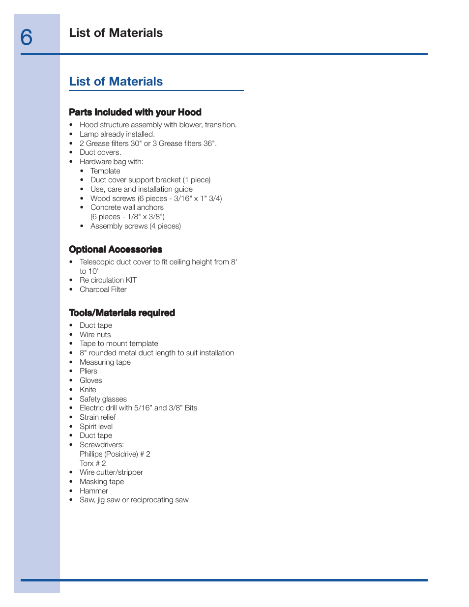 List of materials | FRIGIDAIRE 316488524 User Manual | Page 6 / 20