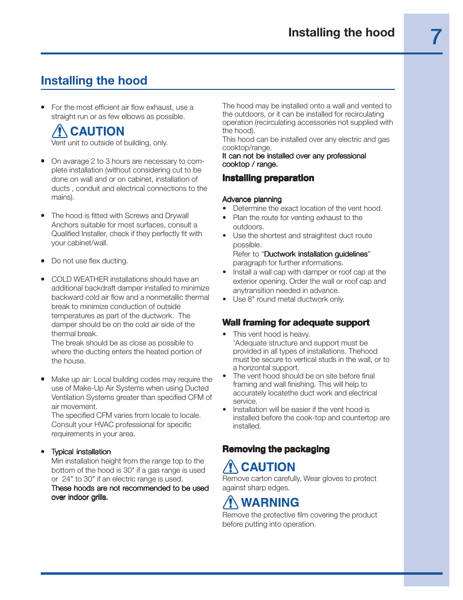 Installing the hood | FRIGIDAIRE 316488524 User Manual | Page 7 / 20