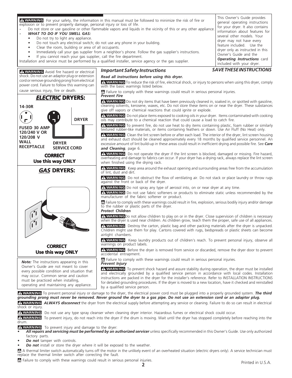 Electric, Dryers | FRIGIDAIRE 131679000B User Manual | Page 2 / 6