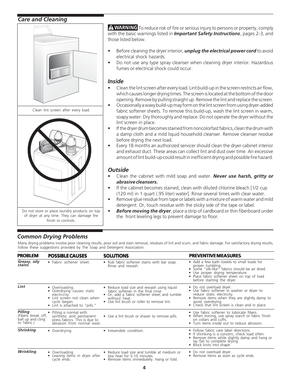 Care and cleaning, Inside, Outside | Common drying problems | FRIGIDAIRE 131679000B User Manual | Page 4 / 6