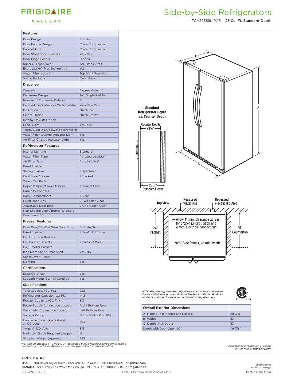 Side-by-side refrigerators | FRIGIDAIRE FGHS2368L User Manual | Page 2 / 2