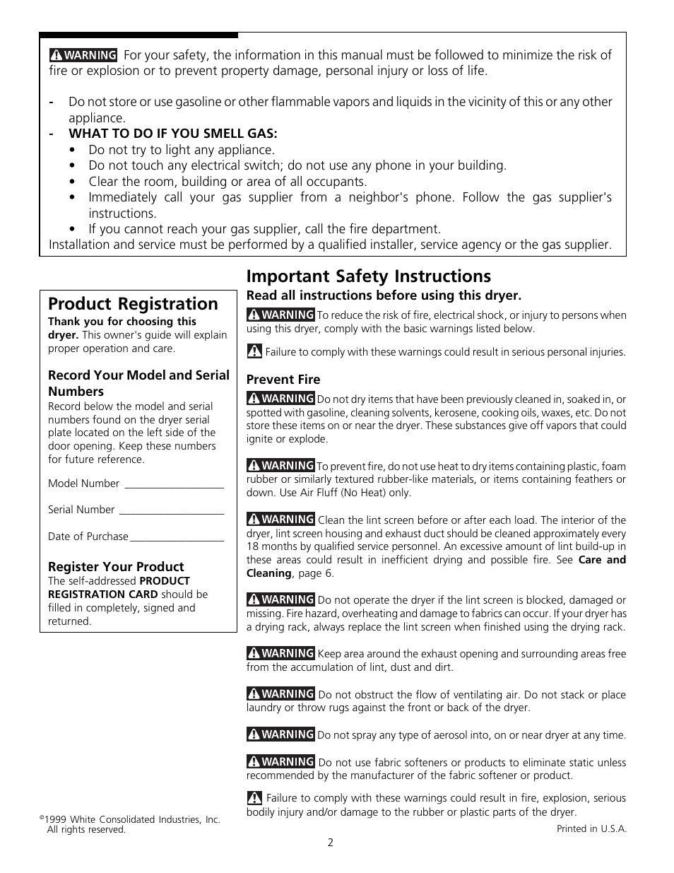 Important safety instructions, Product registration | FRIGIDAIRE 131842900 (9903) User Manual | Page 2 / 10