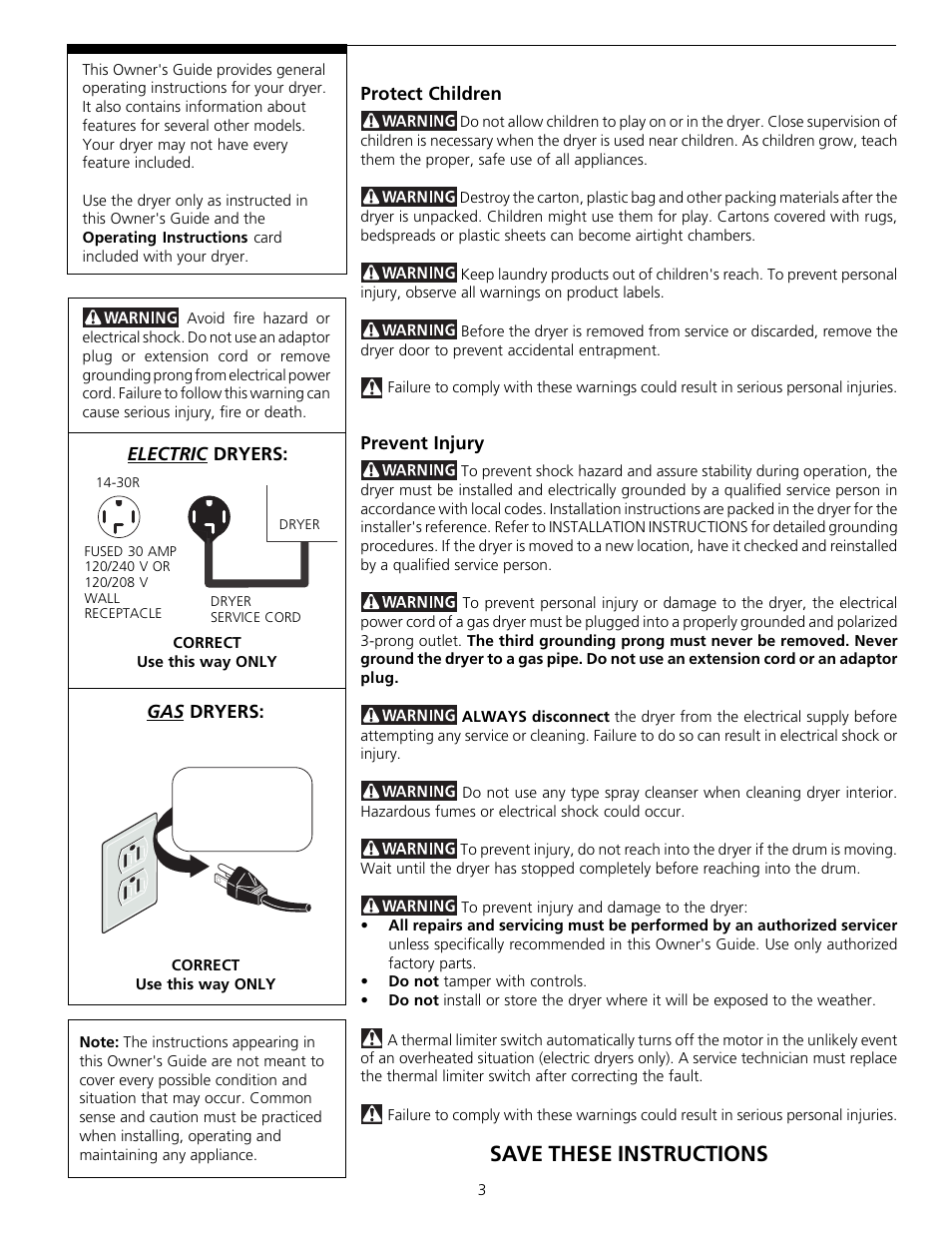 Save these instructions | FRIGIDAIRE 131842900 (9903) User Manual | Page 3 / 10