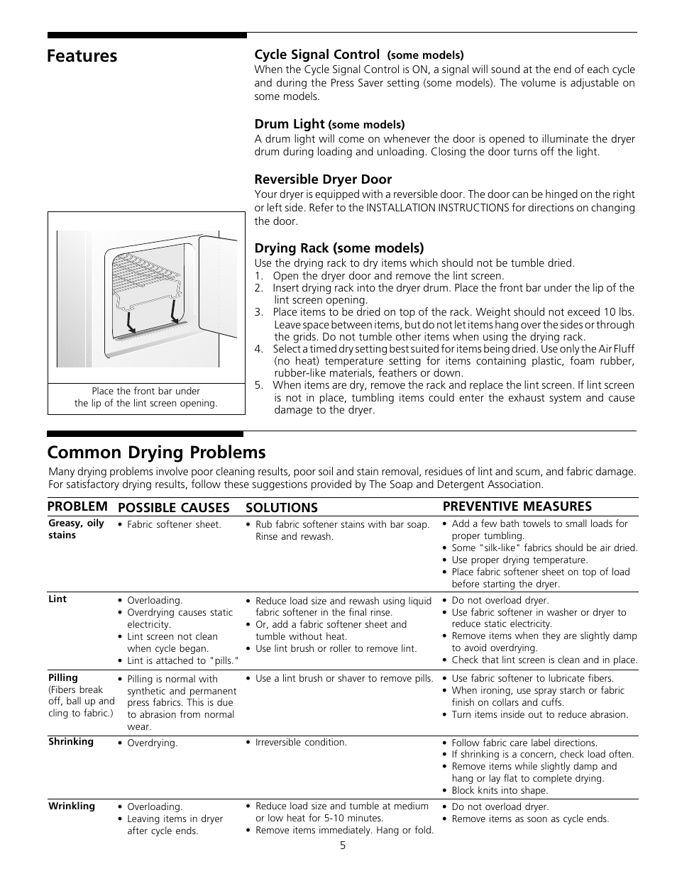 Features, Common drying problems | FRIGIDAIRE 131842900 (9903) User Manual | Page 5 / 10