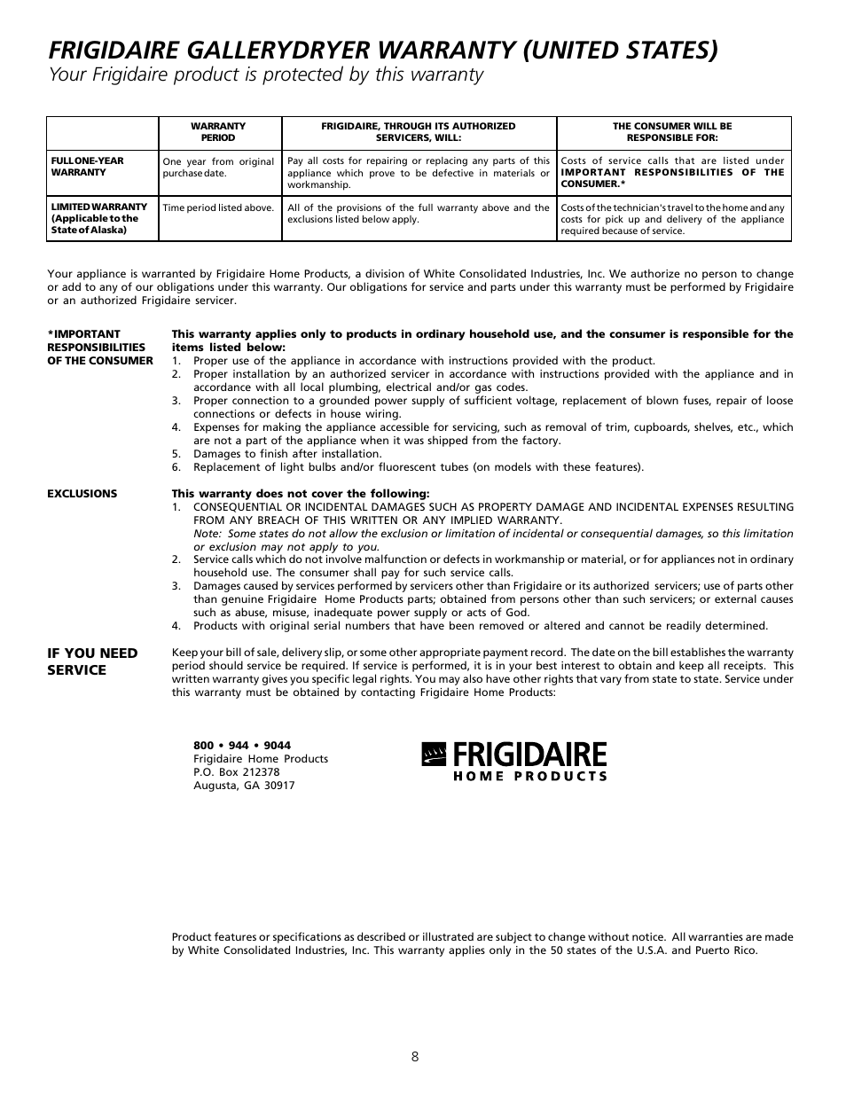 Frigidaire gallerydryer warranty (united states) | FRIGIDAIRE 131842900 (9903) User Manual | Page 8 / 10