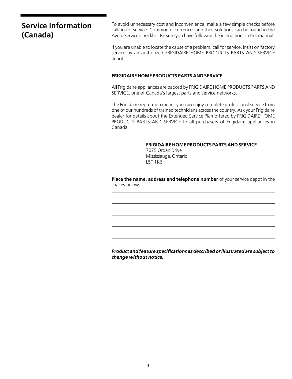 Service information (canada) | FRIGIDAIRE 131842900 (9903) User Manual | Page 9 / 10