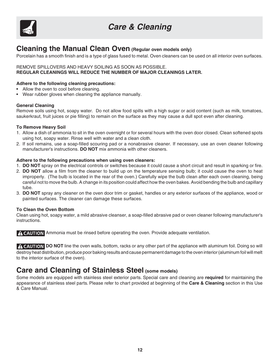 Care & cleaning, Cleaning the manual clean oven, Care and cleaning of stainless steel | FRIGIDAIRE PLEB30T9FC 318205119 User Manual | Page 12 / 16