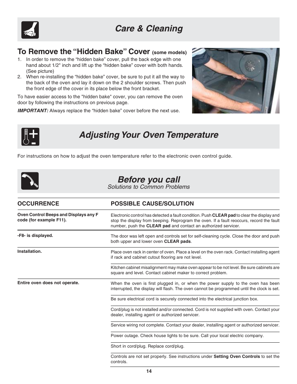 Care & cleaning, Before you call, Adjusting your oven temperature | FRIGIDAIRE PLEB30T9FC 318205119 User Manual | Page 14 / 16