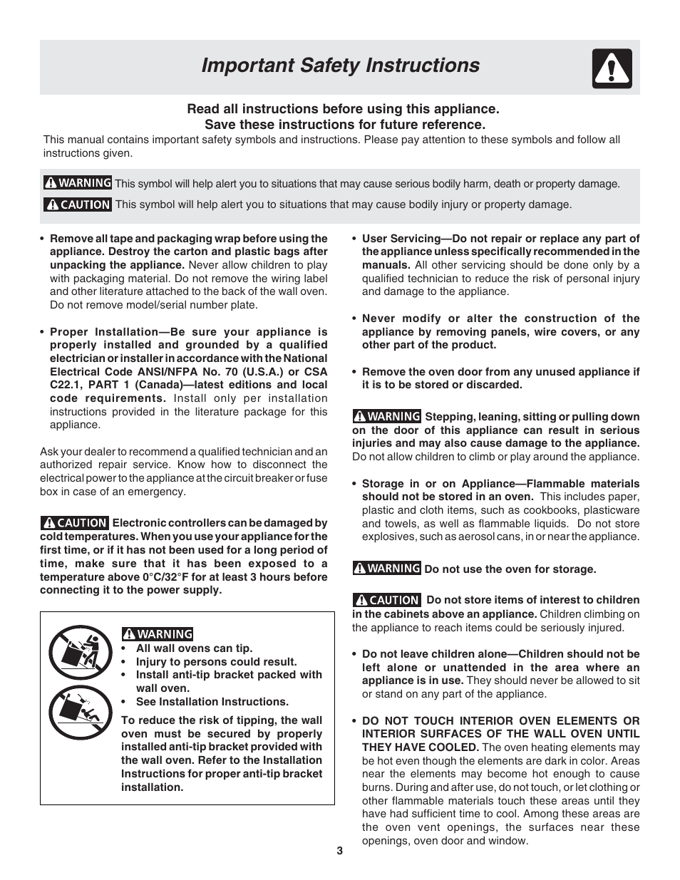 Important safety instructions | FRIGIDAIRE PLEB30T9FC 318205119 User Manual | Page 3 / 16