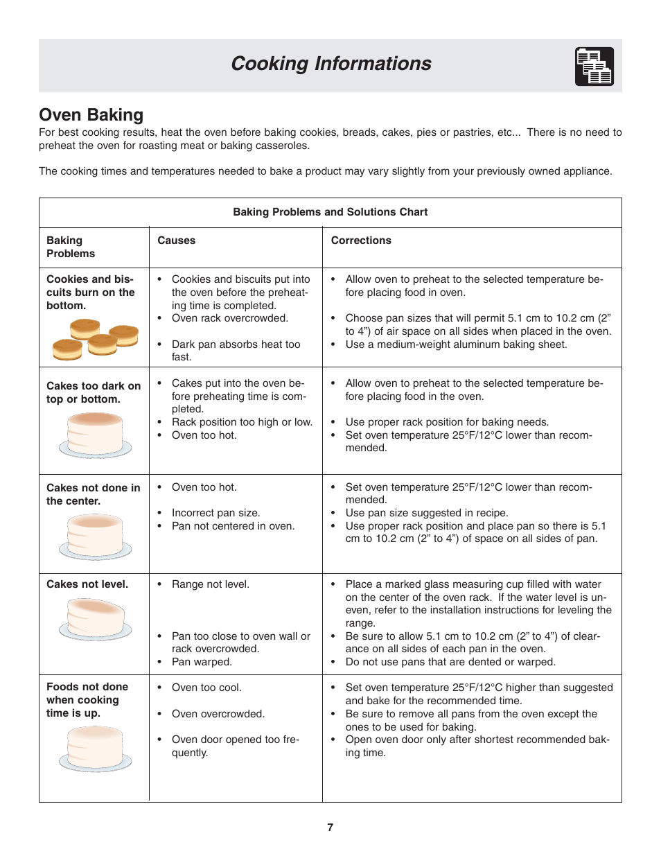 Cooking informations, Oven baking | FRIGIDAIRE PLEB30T9FC 318205119 User Manual | Page 7 / 16