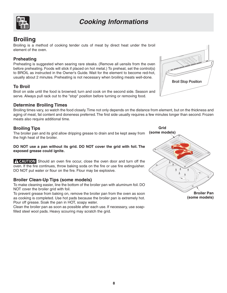 Cooking informations, Broiling | FRIGIDAIRE PLEB30T9FC 318205119 User Manual | Page 8 / 16