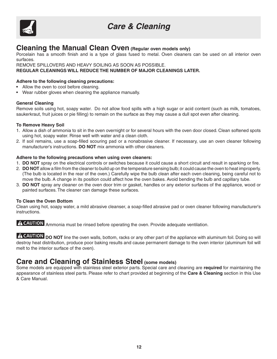 Care & cleaning, Cleaning the manual clean oven, Care and cleaning of stainless steel | FRIGIDAIRE 318205115E User Manual | Page 12 / 17