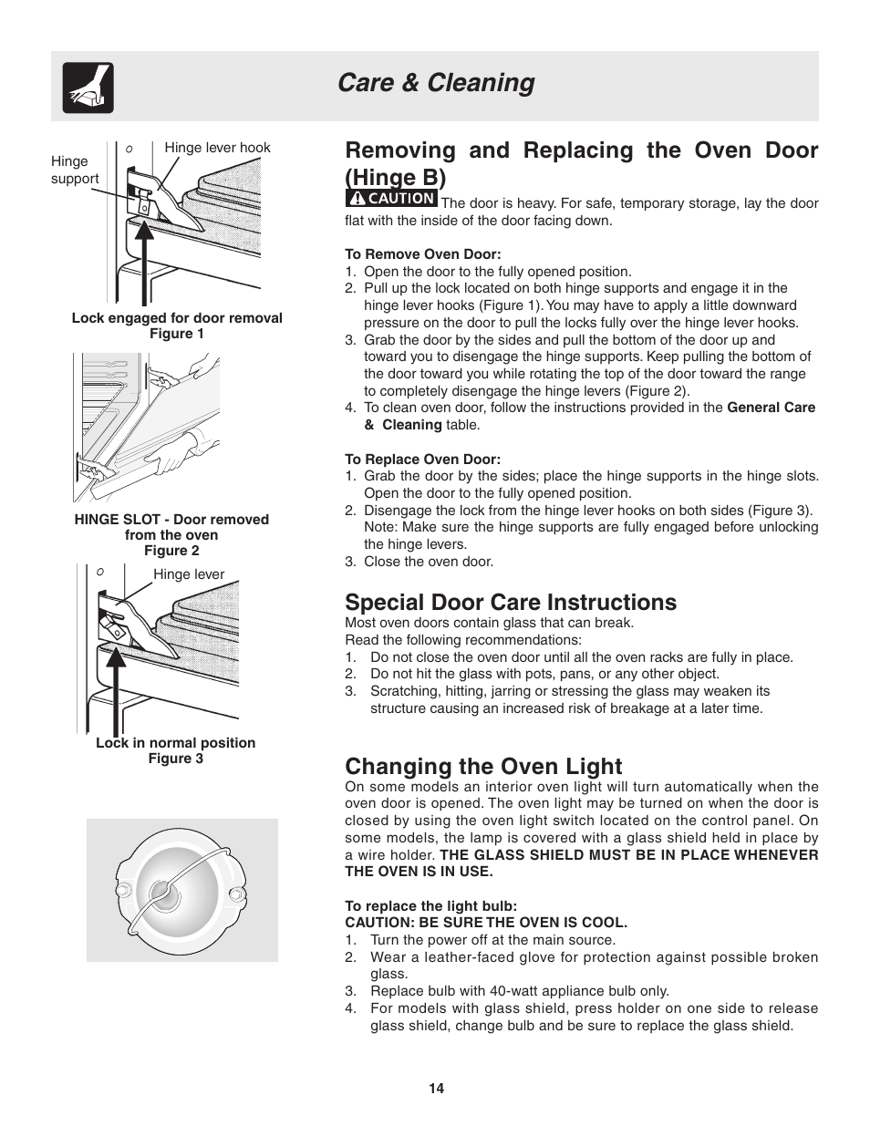Care & cleaning, Removing and replacing the oven door (hinge b), Special door care instructions | Changing the oven light | FRIGIDAIRE 318205115E User Manual | Page 14 / 17