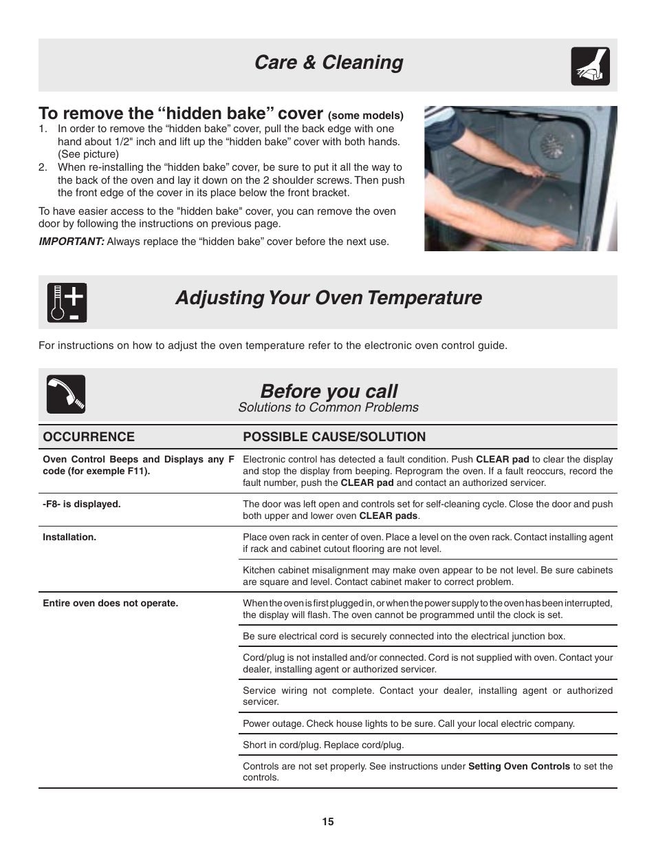 Care & cleaning, Before you call, Adjusting your oven temperature | FRIGIDAIRE 318205115E User Manual | Page 15 / 17