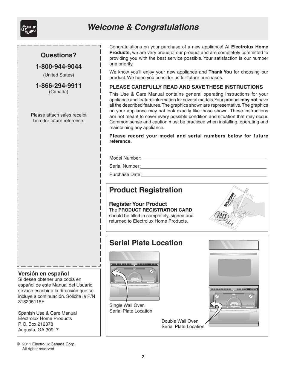 Product registration, Serial plate location | FRIGIDAIRE 318205115E User Manual | Page 2 / 17