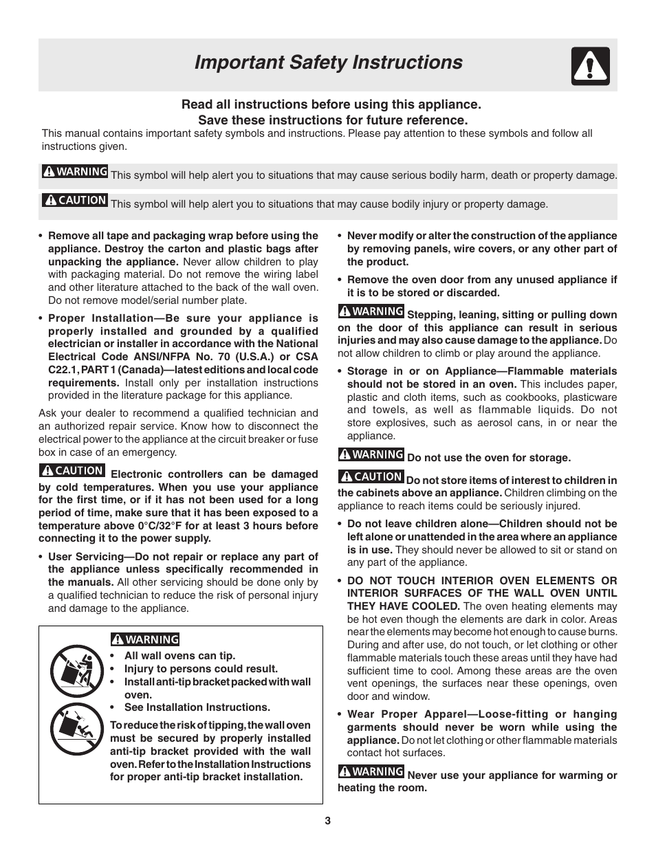 Important safety instructions | FRIGIDAIRE 318205115E User Manual | Page 3 / 17