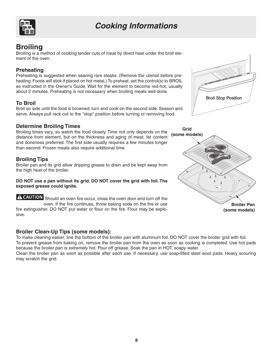 Cooking informations, Broiling | FRIGIDAIRE 318205115E User Manual | Page 8 / 17