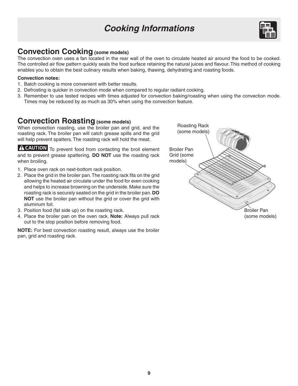 Cooking informations, Convection cooking, Convection roasting | FRIGIDAIRE 318205115E User Manual | Page 9 / 17