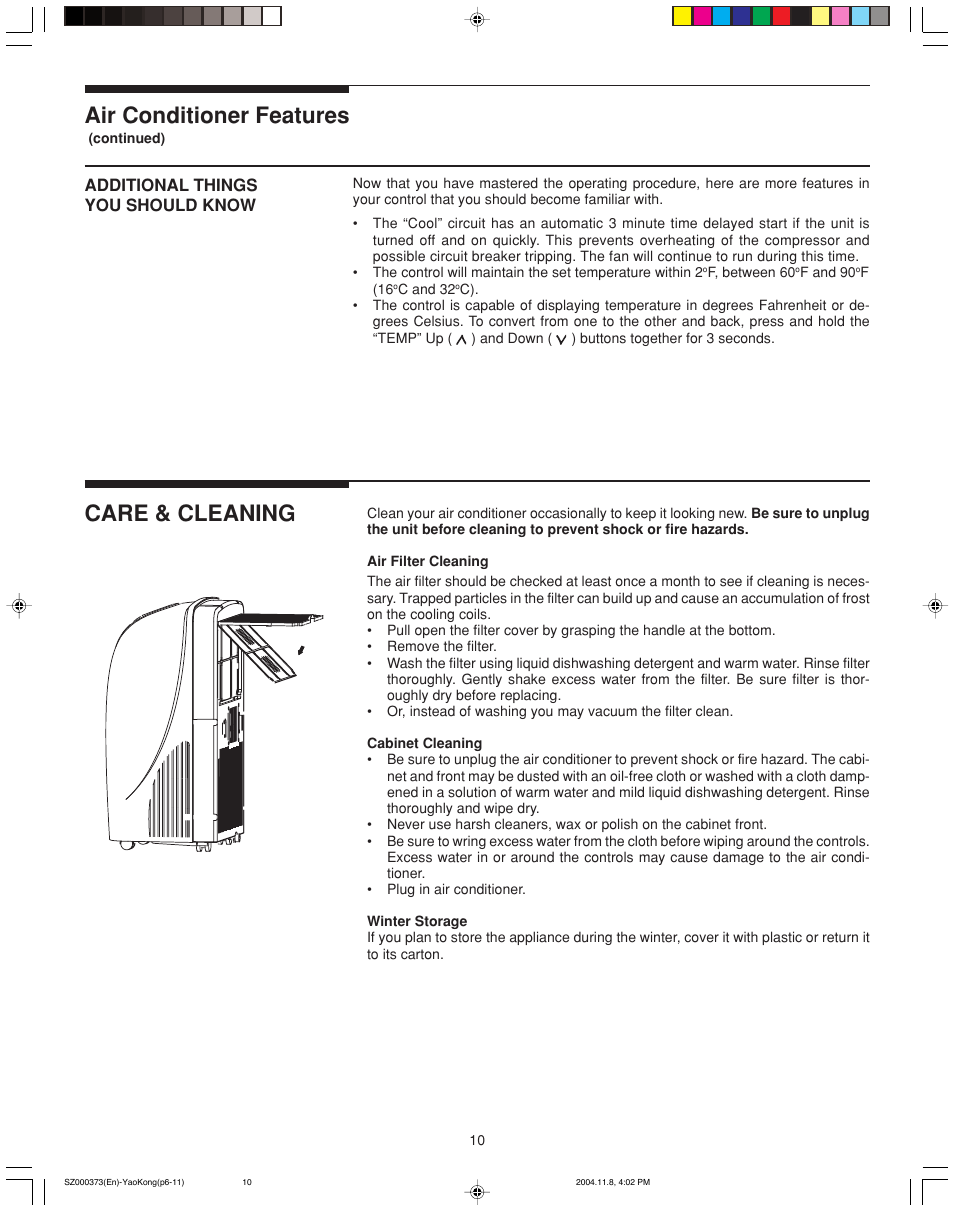 Air conditioner features, Care & cleaning | FRIGIDAIRE 220250d396 User Manual | Page 10 / 11
