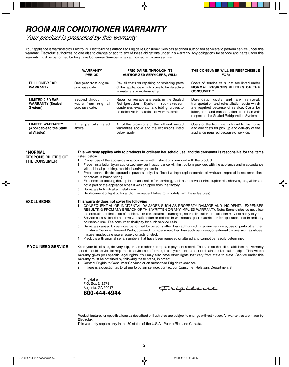 Room air conditioner warranty, Your product is protected by this warranty | FRIGIDAIRE 220250d396 User Manual | Page 2 / 11