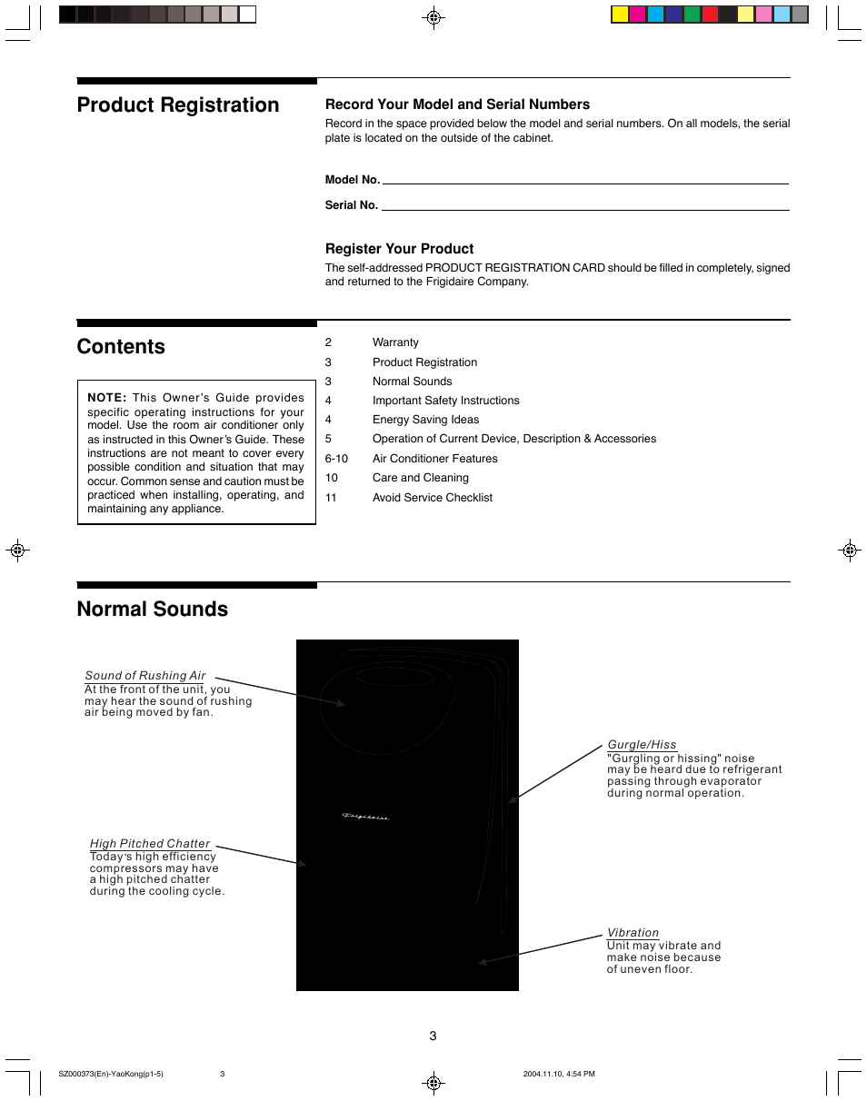 Product registration contents normal sounds | FRIGIDAIRE 220250d396 User Manual | Page 3 / 11