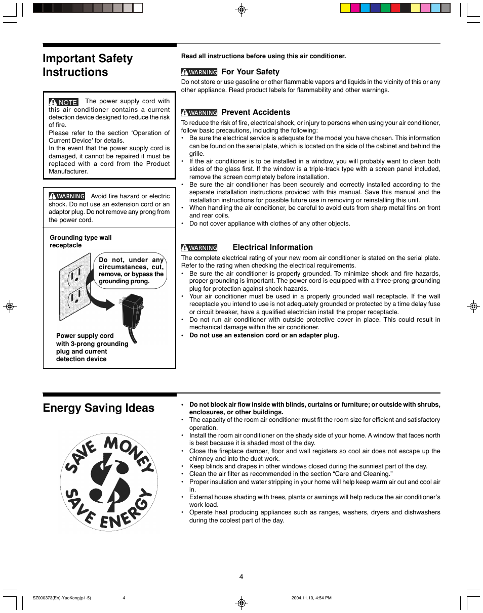 Energy saving ideas important safety instructions | FRIGIDAIRE 220250d396 User Manual | Page 4 / 11