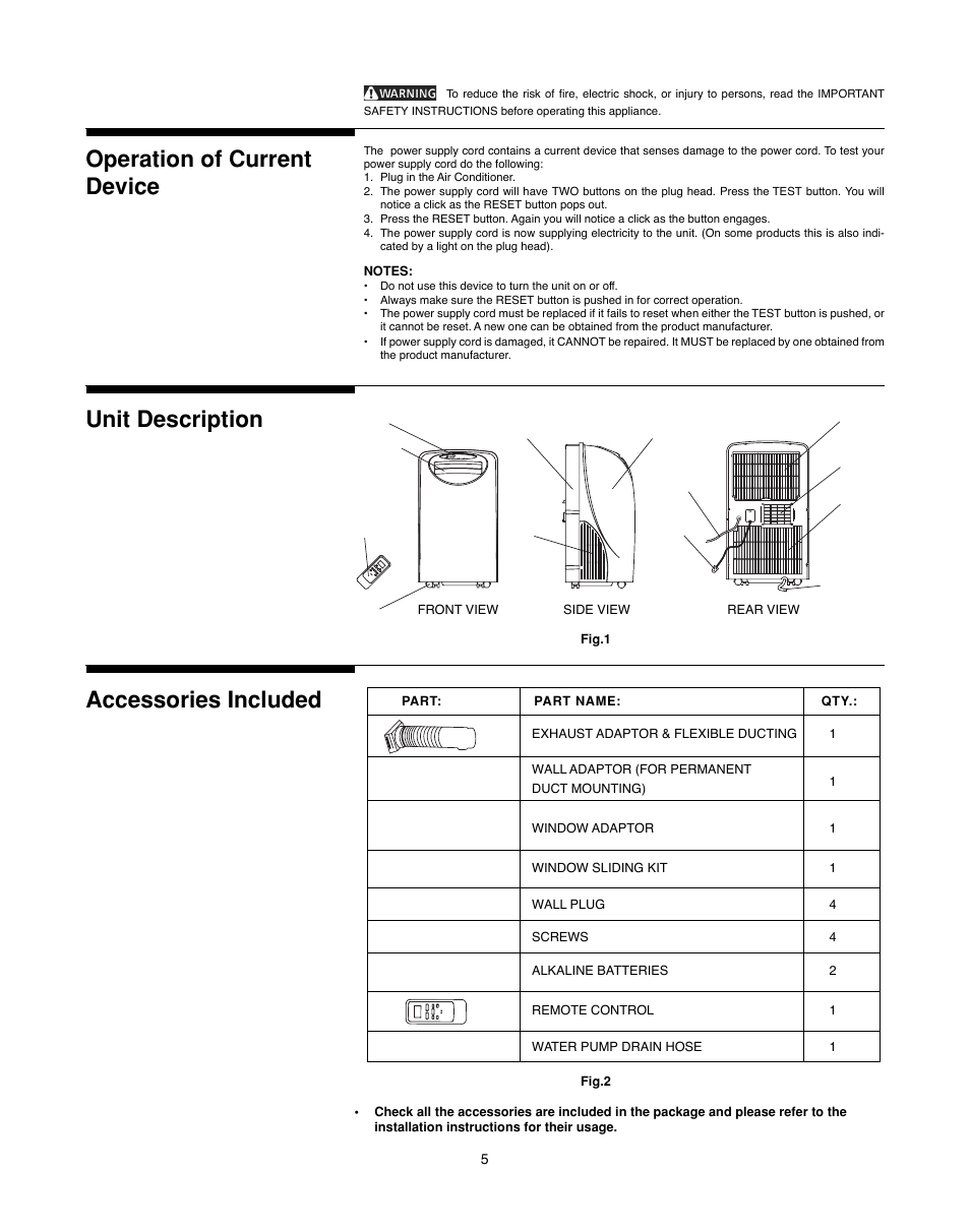Operation of current device, Unit description accessories included | FRIGIDAIRE 220250d396 User Manual | Page 5 / 11