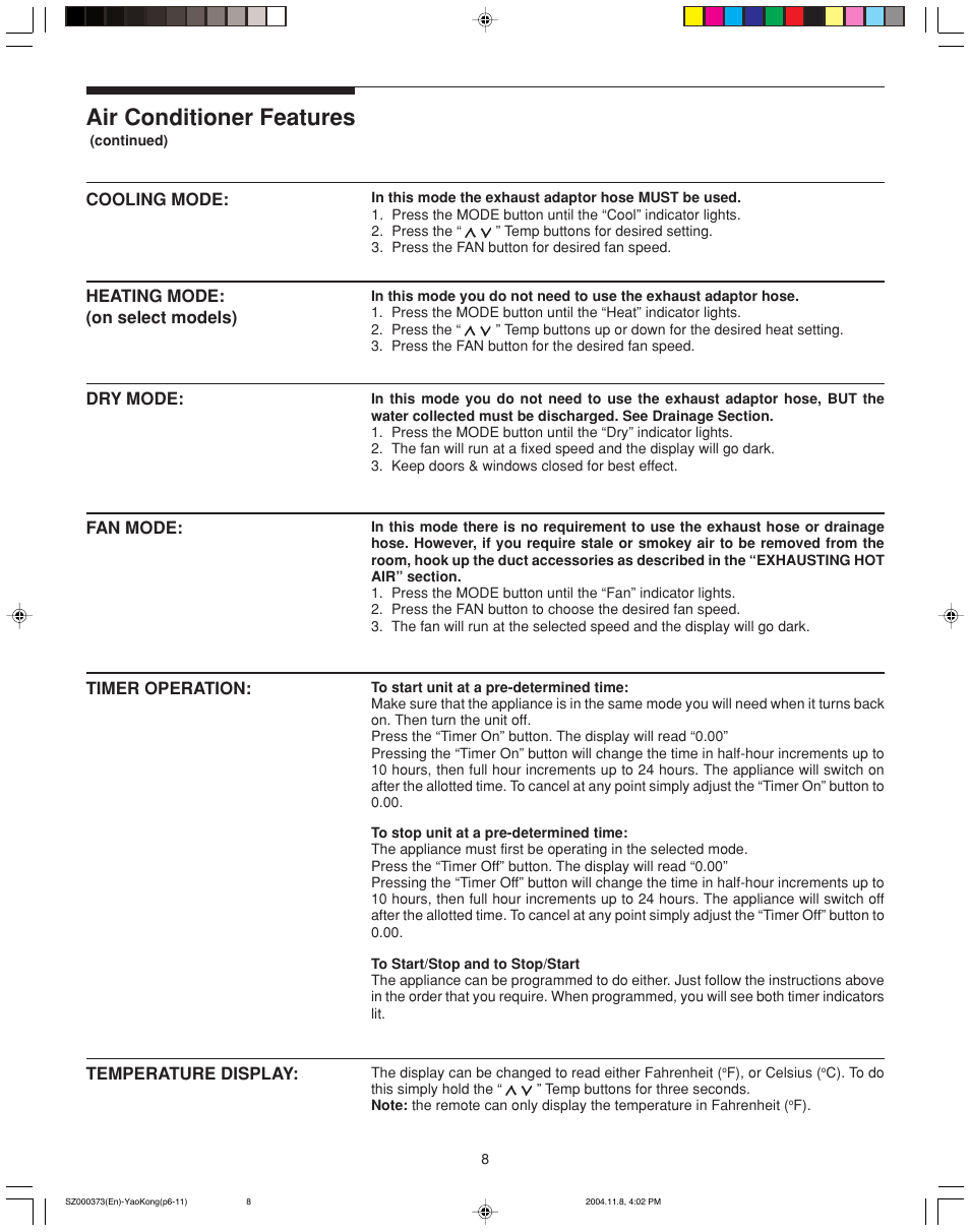 Air conditioner features | FRIGIDAIRE 220250d396 User Manual | Page 8 / 11