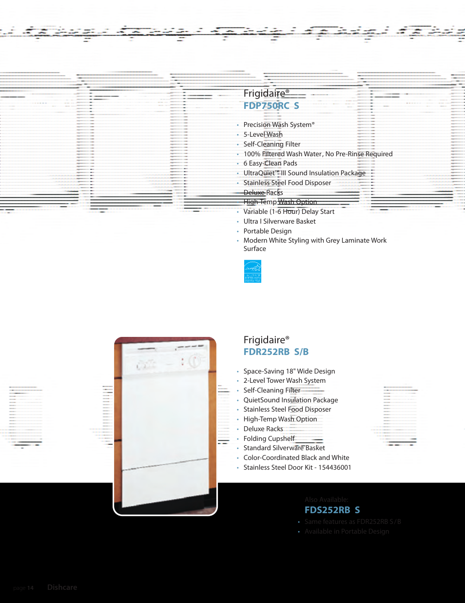 Frigidaire, Fdp750rc s, Fdr252rb s/b | Fds252rb s | FRIGIDAIRE Dishcare User Manual | Page 14 / 20