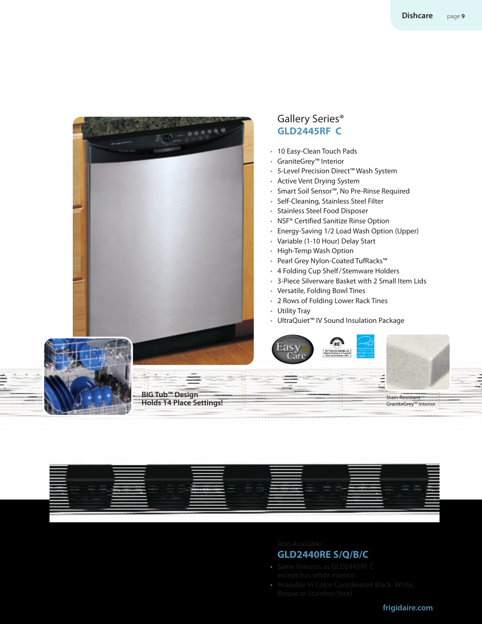 Gallery series, Gld2445rf c, Gld2440re s/q/b/c | FRIGIDAIRE Dishcare User Manual | Page 9 / 20