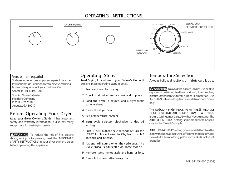 FRIGIDAIRE 134145400A User Manual | 2 pages