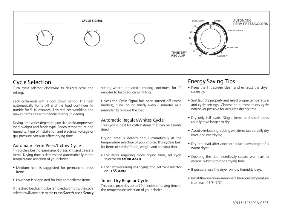 Cycle selection, Energy saving tips, Automatic perm press/colors cycle | Automatic regular/whites cycle, Timed dry regular cycle | FRIGIDAIRE 134145400A User Manual | Page 2 / 2