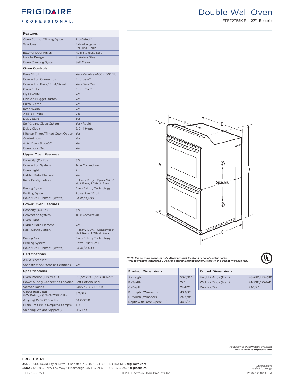 Double electric wall ovens frigidaire baseline, Double wall oven | FRIGIDAIRE FPET2785KF User Manual | Page 2 / 5