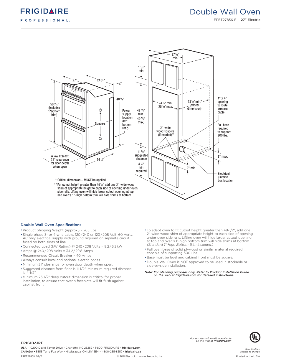 27" double electric wall oven professional, Double wall oven | FRIGIDAIRE FPET2785KF User Manual | Page 3 / 5