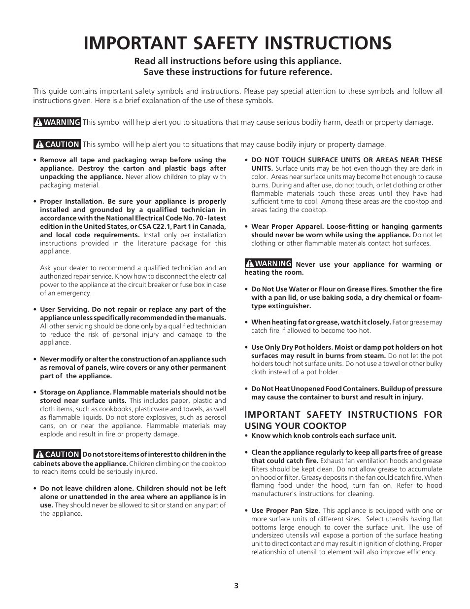 Important safety instructions | FRIGIDAIRE 318200612 User Manual | Page 3 / 16