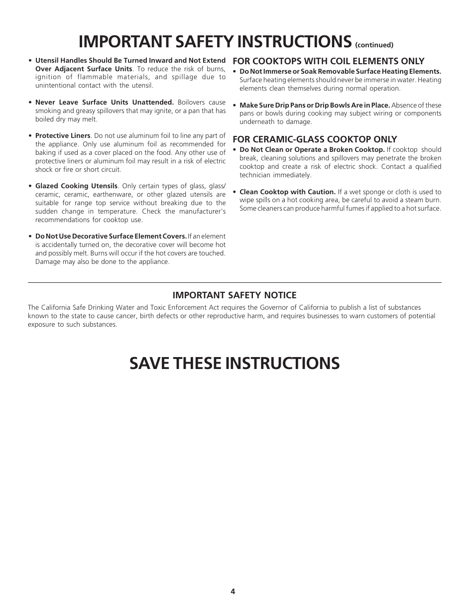 Important safety instructions, Save these instructions | FRIGIDAIRE 318200612 User Manual | Page 4 / 16
