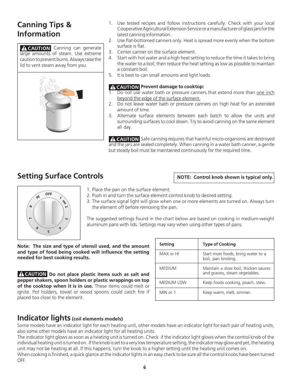 Setting surface controls, Indicator lights, Canning tips & information | FRIGIDAIRE 318200612 User Manual | Page 6 / 16